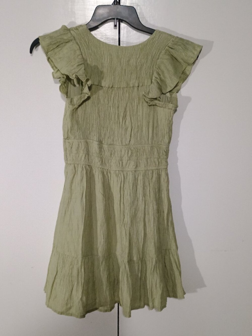 MINE Sage Green Crinkle Ruffle Sleeve Shirred Waist Mini Dress M - Picture 3 of 11